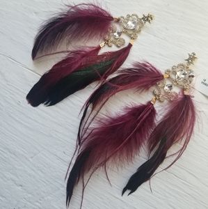 Feather Statement Crystal Costume Fashion Earrings